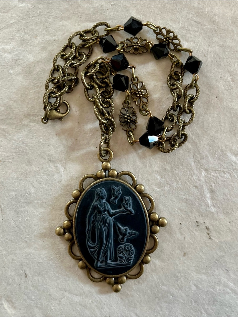 Vintage 1940s Black Glass Goddess Cameo Necklace with Brass Czech Chain